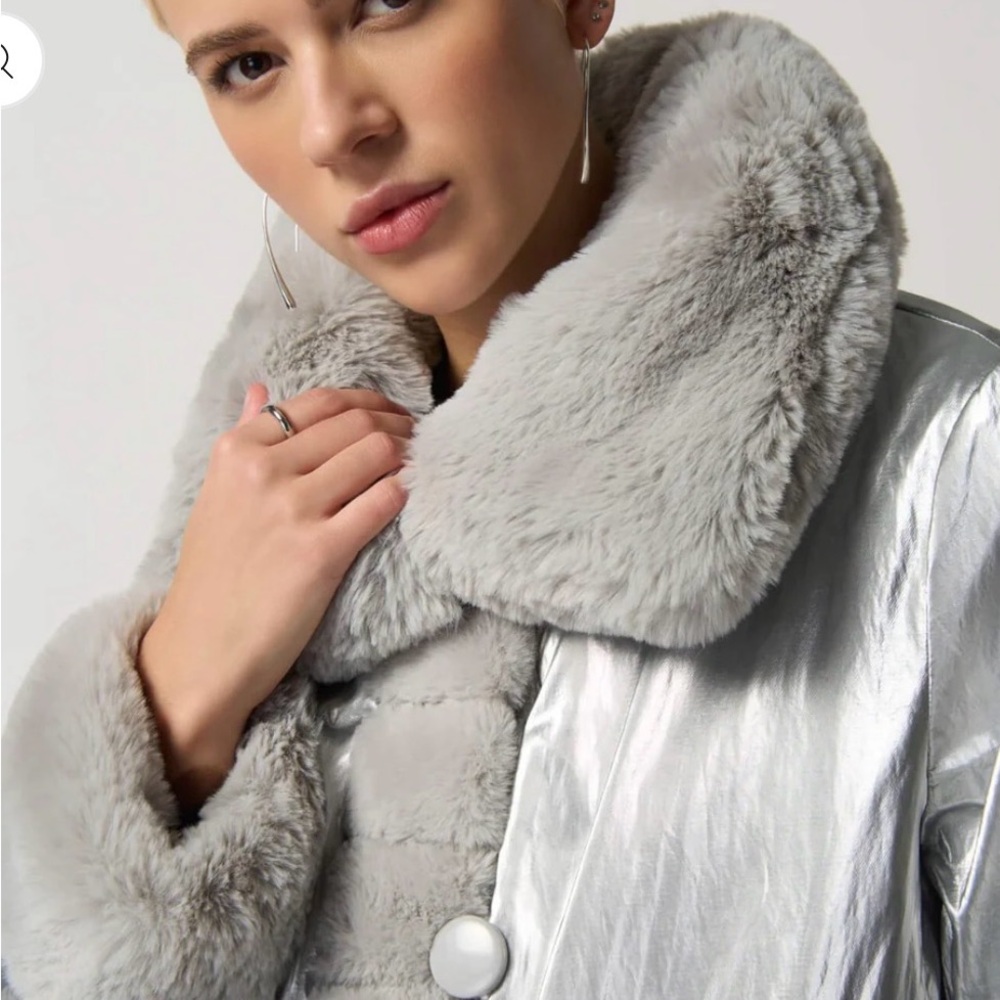 Joseph Ribkoff Silver Faux Fur Reversible Coat - Picture 9 of 15